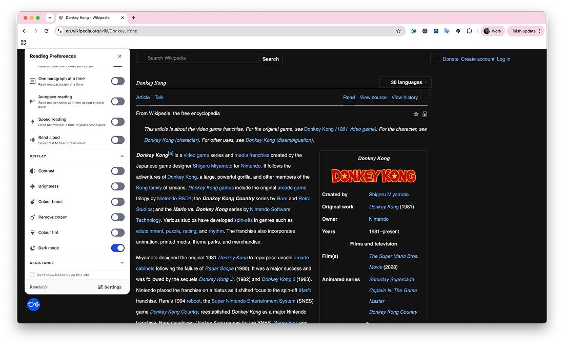 The same webpage with Readably active: OpenDyslexic font, warm yellow tint, narrowed column width, and increased line spacing for easier reading.