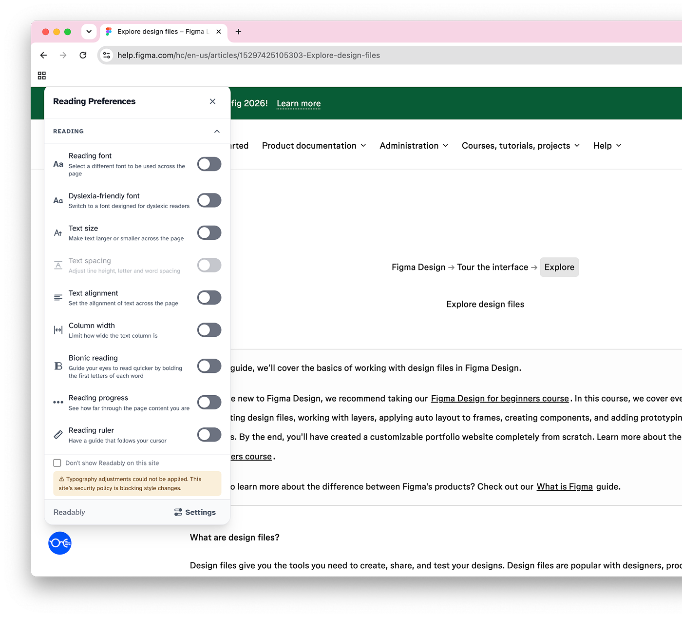 The Readably panel open on a webpage, showing reading preferences including font, focus mode, and colour tint controls.